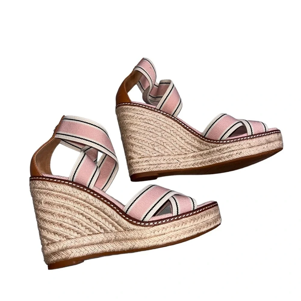 Tory Burch Pink Blush Frieda Espadrille Wedge Sandals Shoes size 7